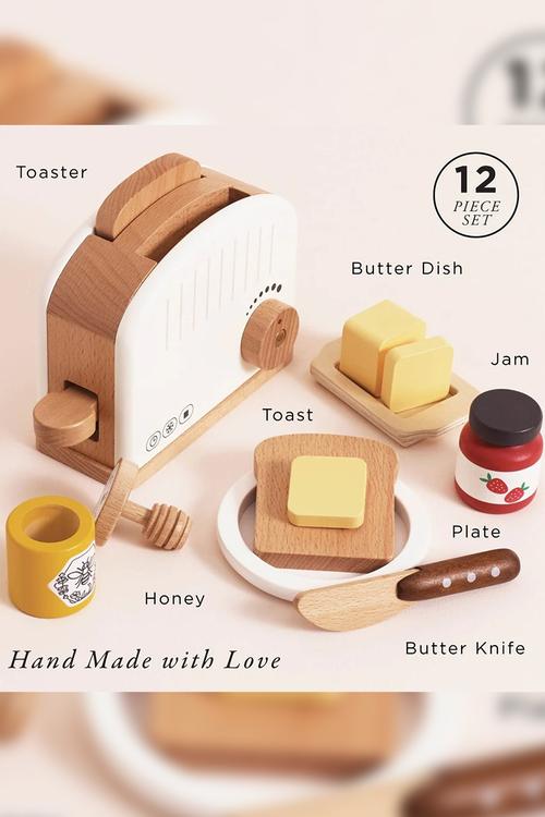 12 Pcs Wooden Toaster & Breakfast Set - multi