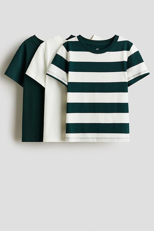 3-pack cotton t-shirts - green/white striped