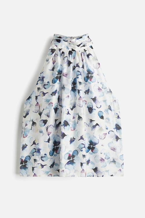 Draped-collar top - white/blue floral