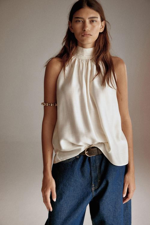 Draped-collar top - cream