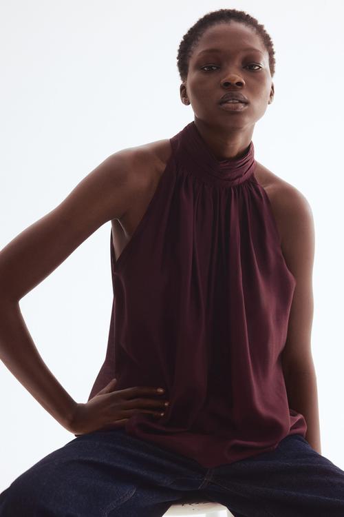 Draped-collar top - burgundy
