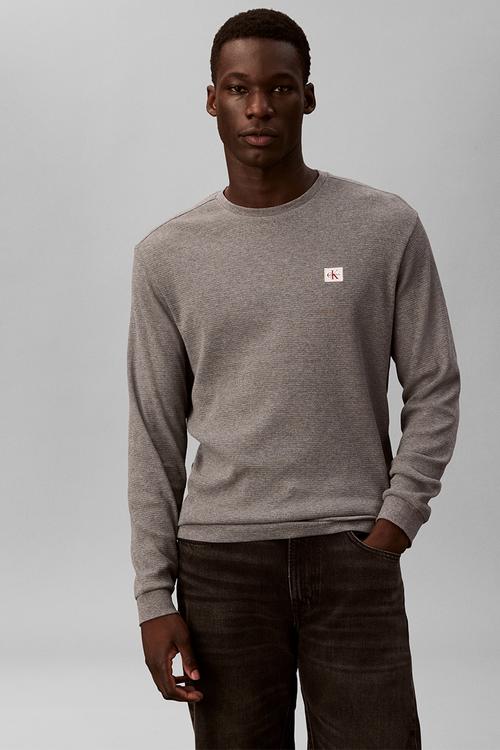 Ls Waffle Badge Crewnk Tee - Med Grey Htr