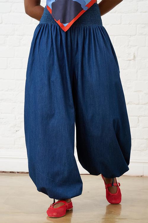 Balloon Drawstring Denim Pants - Blue