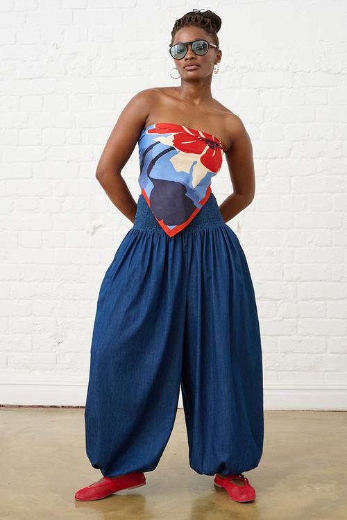Balloon Drawstring Denim Pants - Blue