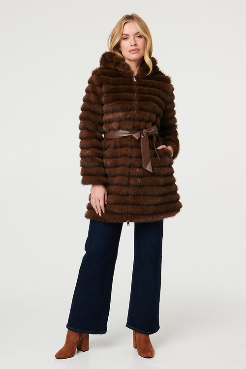 L/S Faux Fur Jacket With Pleather Belt Detail - Brown