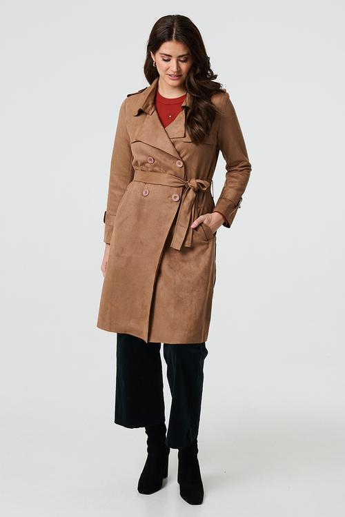 L/S Faux Suede Double Breasted Jacket - Camel