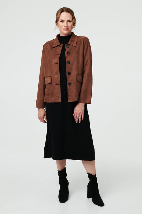 L/S Button Through Faux Suede Short Length Jacket - Brown