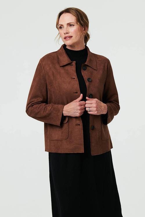 L/S Button Through Faux Suede Short Length Jacket - Brown