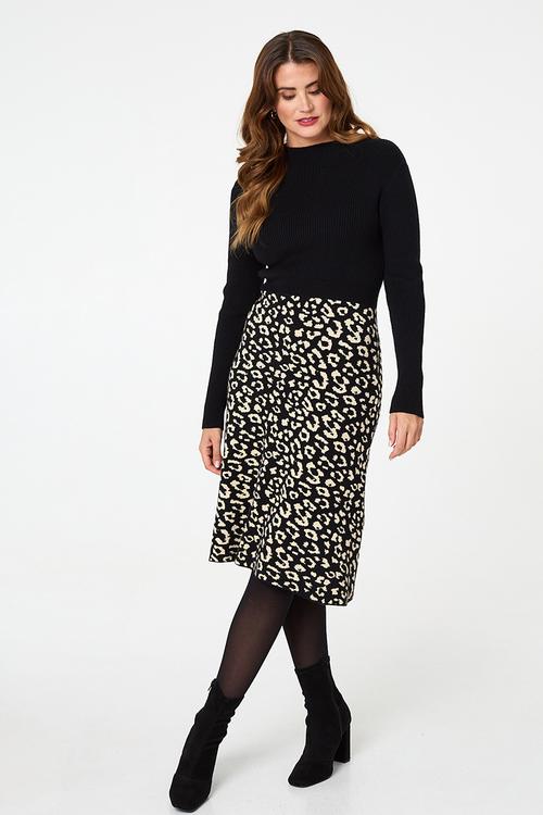L/S Crew Neck Knitted Knee Length Dress With Animal A-Line Skirt - Multi Black