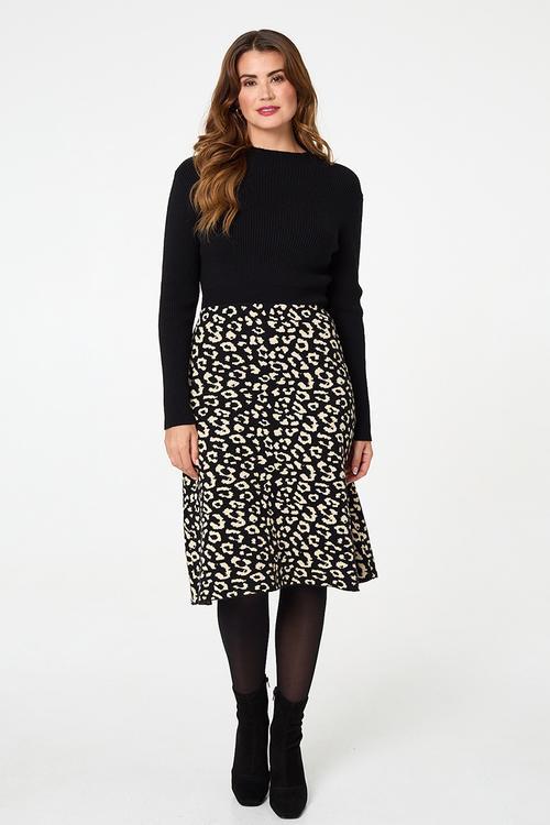 L/S Crew Neck Knitted Knee Length Dress With Animal A-Line Skirt - Multi Black