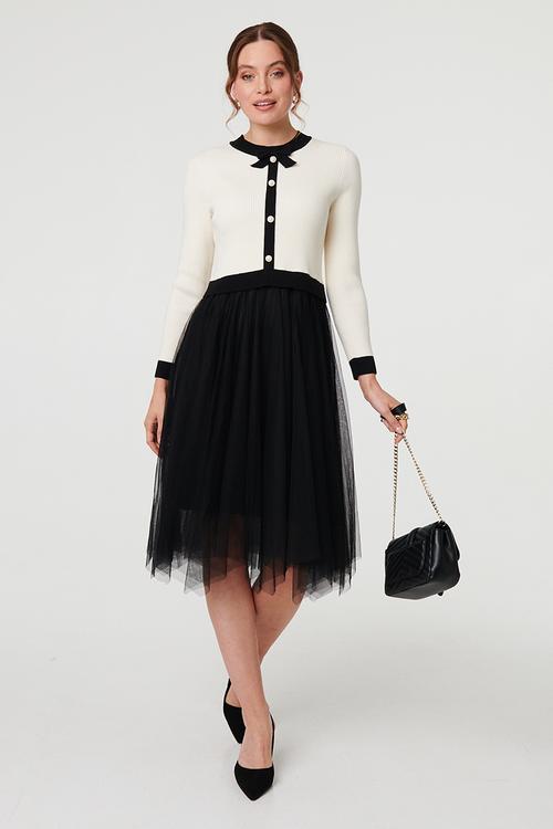 L/S Crew Neck Contrast Top Detail With Pearl Buttons, A Line Mesh Skirt - Black And White