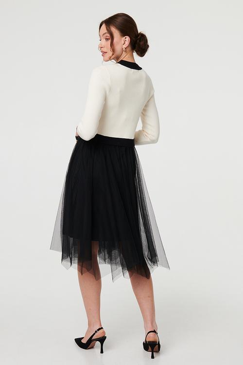 L/S Crew Neck Contrast Top Detail With Pearl Buttons, A Line Mesh Skirt - Black And White