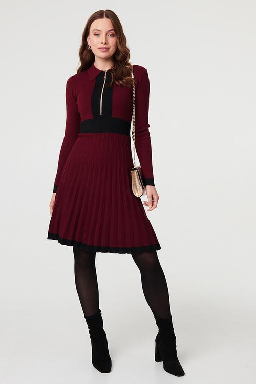 L/S Knitted Dress With Zip Placket Contrast Detail With Pleated Skirt - Multi Wine