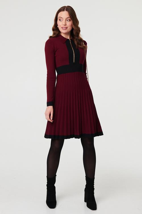 L/S Knitted Dress With Zip Placket Contrast Detail With Pleated Skirt - Multi Wine