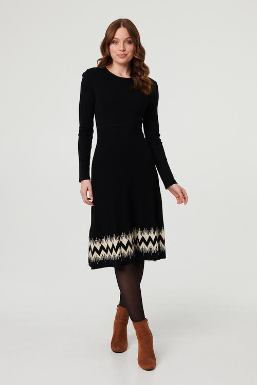 L/S Lighter Weight Knited Dress With Pattern At Hem - Black