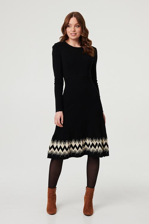 L/S Lighter Weight Knited Dress With Pattern At Hem - Black