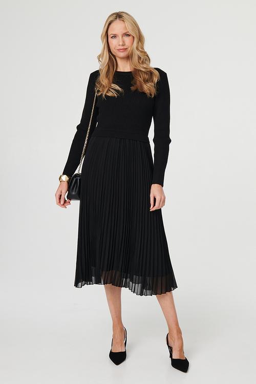 L/S Knitted Combination Maxi Dress With Chiffon Pleated Skirt - Black