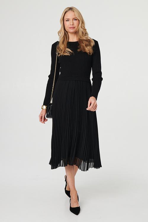 L/S Knitted Combination Maxi Dress With Chiffon Pleated Skirt - Black