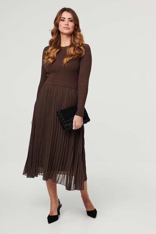 L/S Knitted Combination Maxi Dress With Chiffon Pleated Skirt - Chocolate