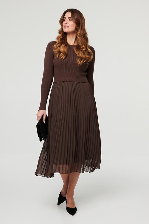L/S Knitted Combination Maxi Dress With Chiffon Pleated Skirt - Chocolate