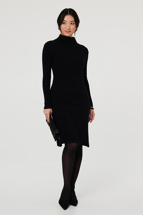 L/S High Neck A-Line Sweater Dress - Black