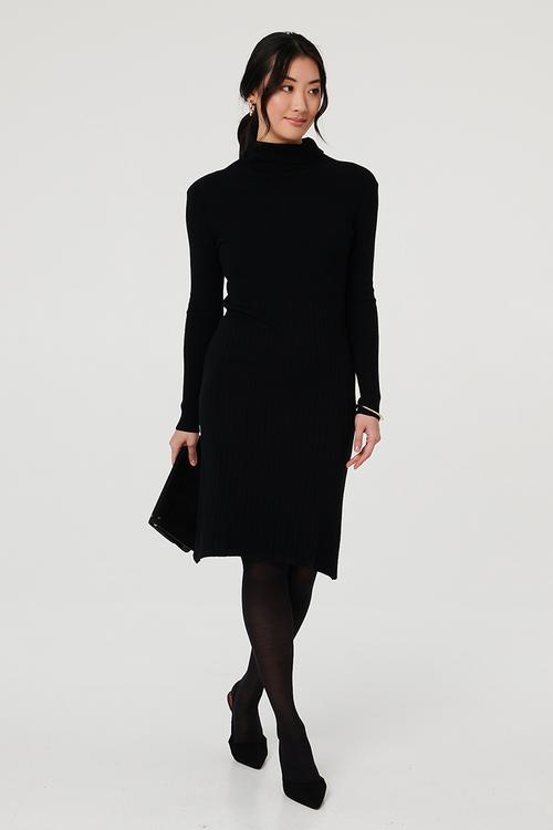 L/S High Neck A-Line Sweater Dress - Black
