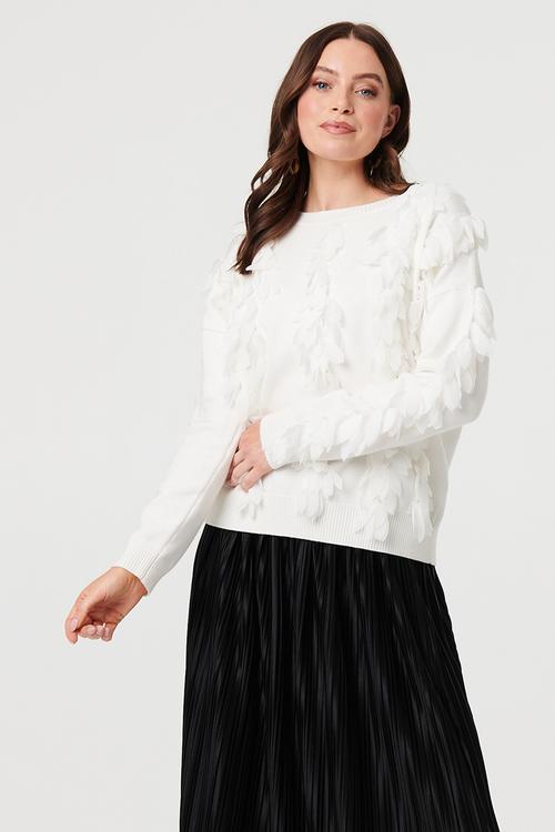 Long sleeve Crew Neck Sweater With Leaf Applique - White