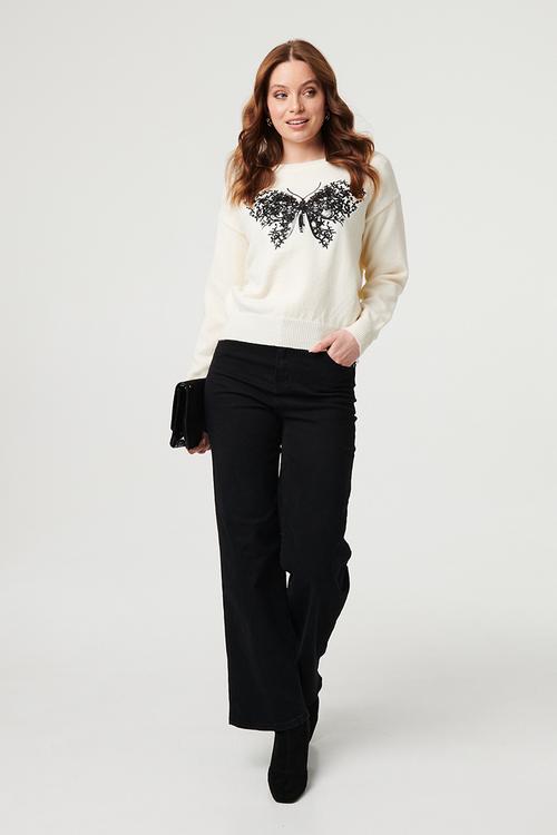L/S Crew Neck Sweater With Butterfly Motif In Embroidery And Sequin Deail - White