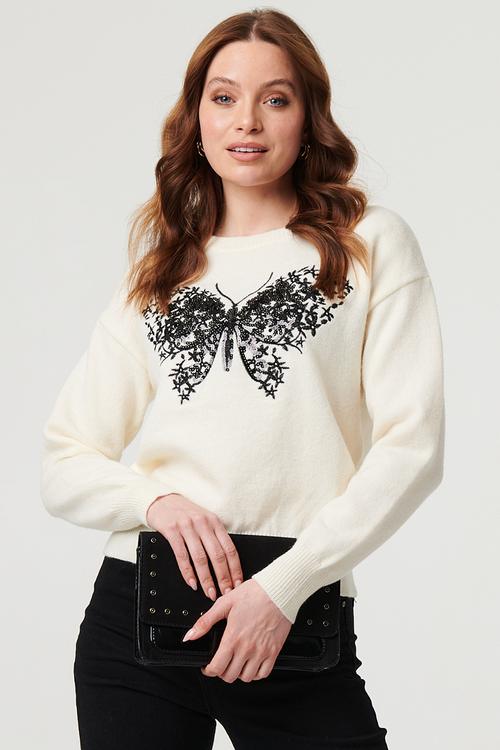L/S Crew Neck Sweater With Butterfly Motif In Embroidery And Sequin Deail - White