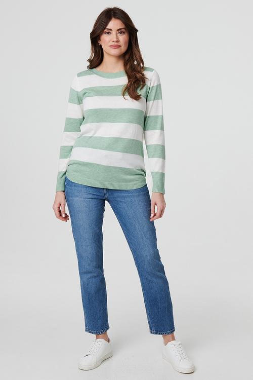 Long sleeve Boat Neck Wool Blend Stripe Sweater - Sage