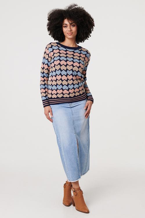 Long sleeve Allover Heart Detail Sweater - Navy