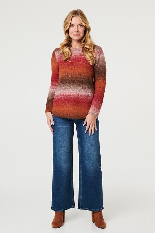 Long sleeve Crew Neck Ombre Effect Sweater With Scoop Hem - Multi