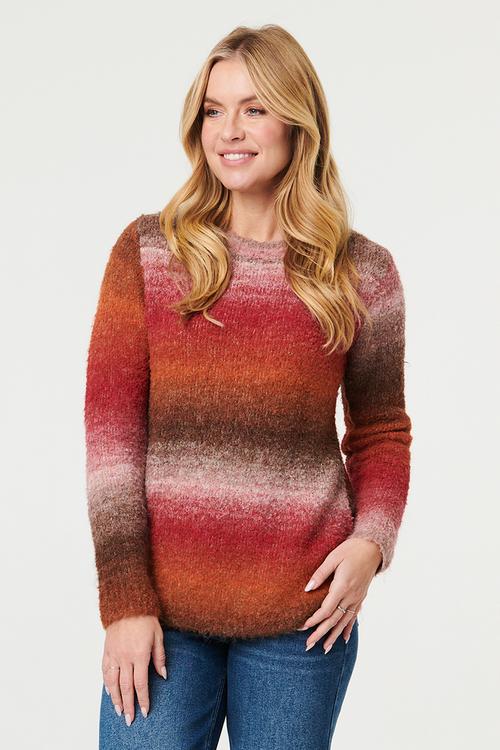 Long sleeve Crew Neck Ombre Effect Sweater With Scoop Hem - Multi