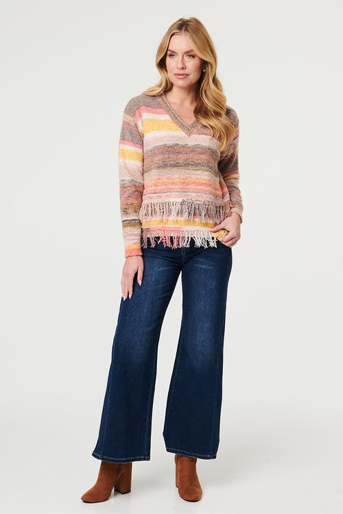 V-Neck Ombre Effect Sweater With Fray On Front And Back - Multi