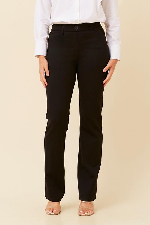 Mid Waist With Button Ponte Pant Straight Leg - Black