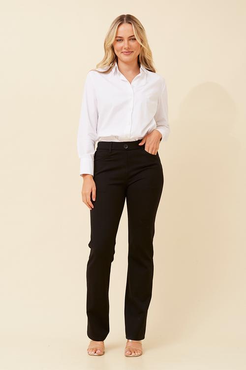 Mid Waist With Button Ponte Pant Straight Leg - Black