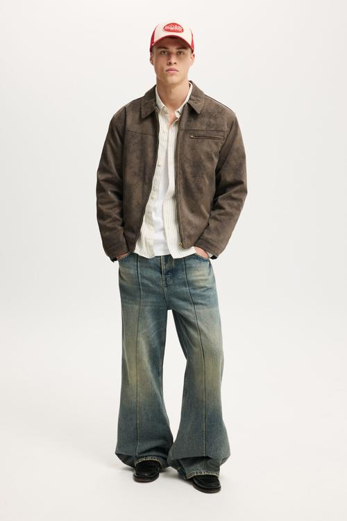 Cropped Faux Suede Harrington - Dark Grey