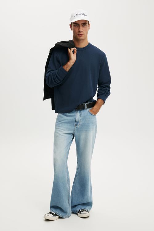 Cropped Fit Textured Long Sleeve - Auto Navy Waffle