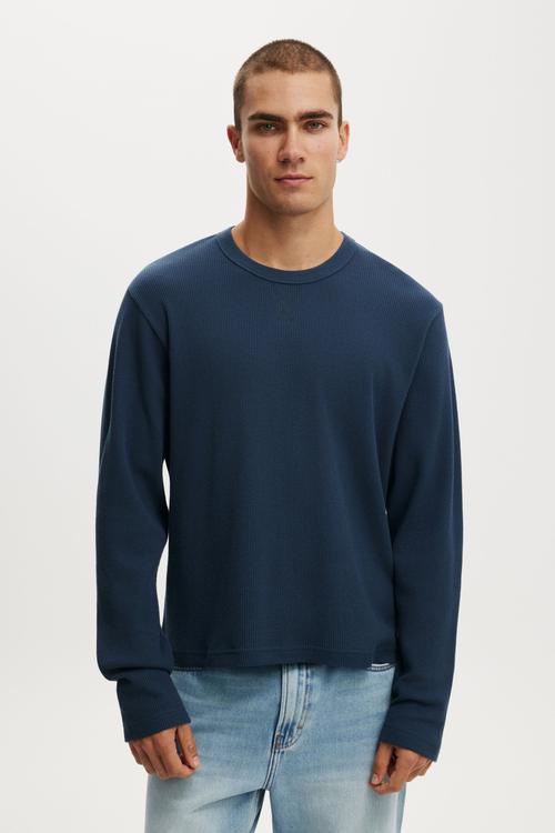 Cropped Fit Textured Long Sleeve - Auto Navy Waffle