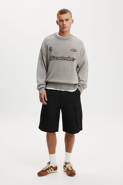 Washed Graphic Crew Knit - Washed Grey