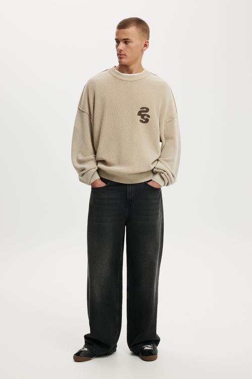 Washed Graphic Crew Knit - Washed Stone