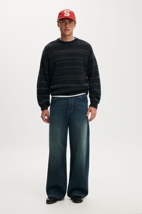 Box Fit Fuzzy Crew Knit - Black Stripe