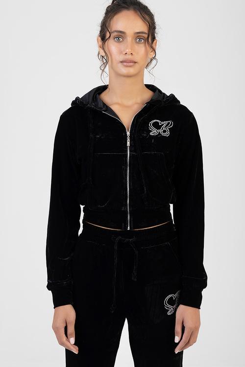 Juicy Velour Athleisure Zip Through Jacket With A Hood - Black