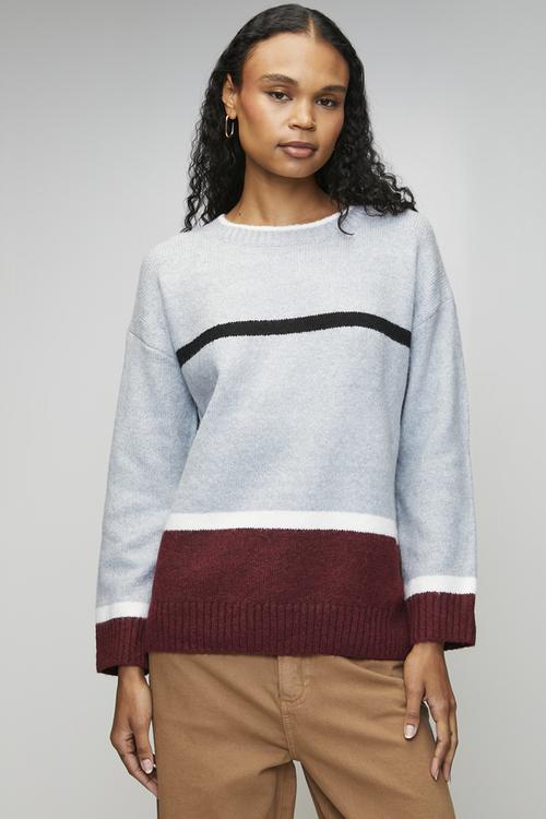 L/S Easy Wearing Irregular Stripe Sweater - Burgundy & Grey