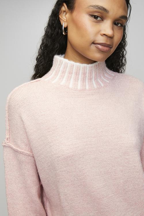 L/S Longer Length High Neck Melange Sweater - Petal Pink