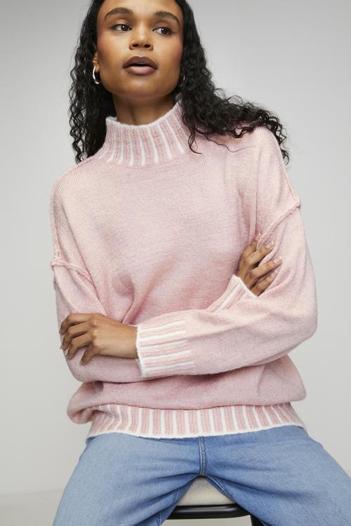 L/S Longer Length High Neck Melange Sweater - Petal Pink