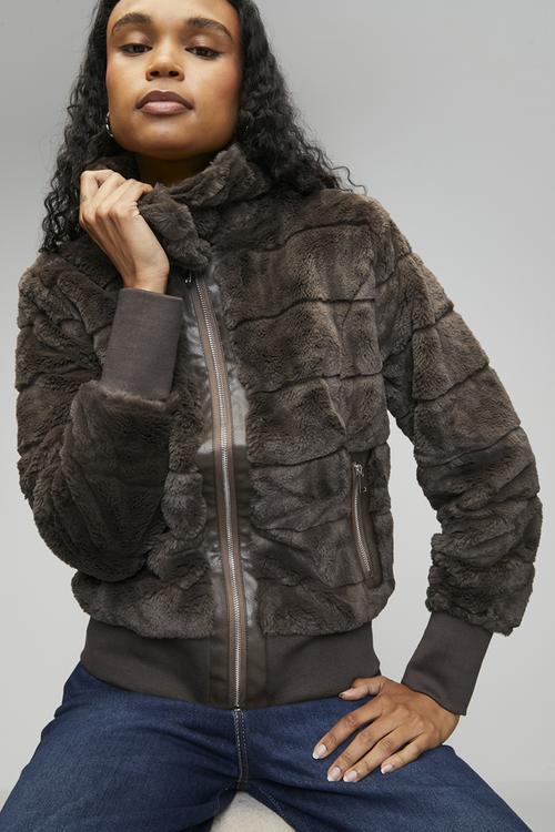 L/S Faux Fur Zip Through Jacket - Chocolatte