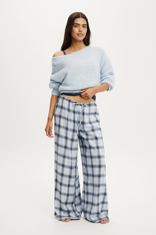 Cosy soft flannel wide leg pant - iris check steely blue