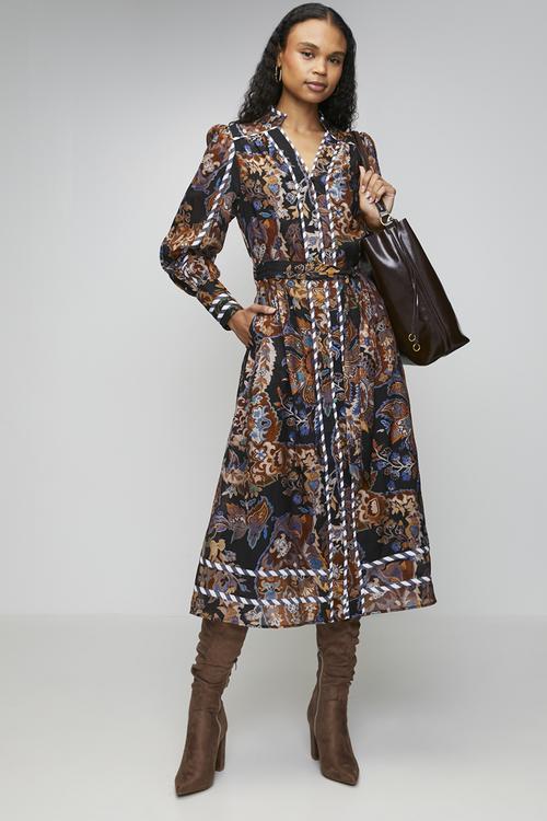 L/S V-Neck Button Through Floral Printed Dress With Contrast Stripe Detail - Multi Rust