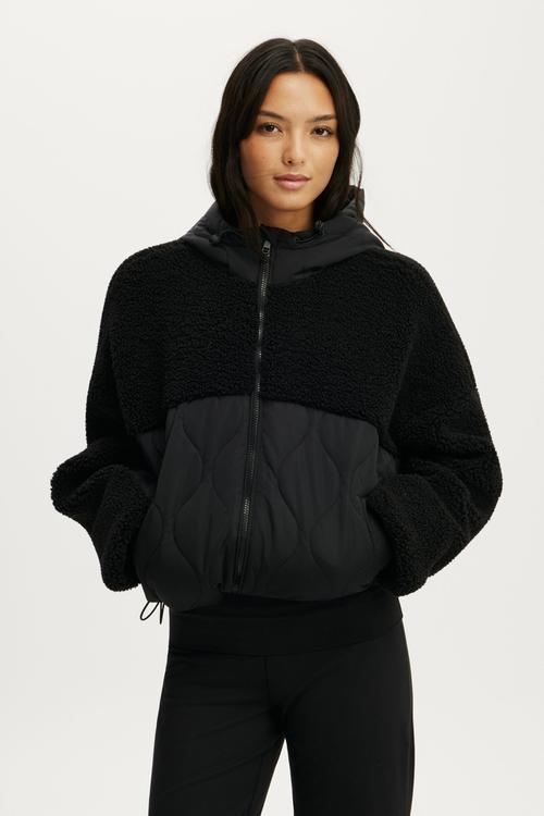Sherpa Quilted Hooded Jacket - Black